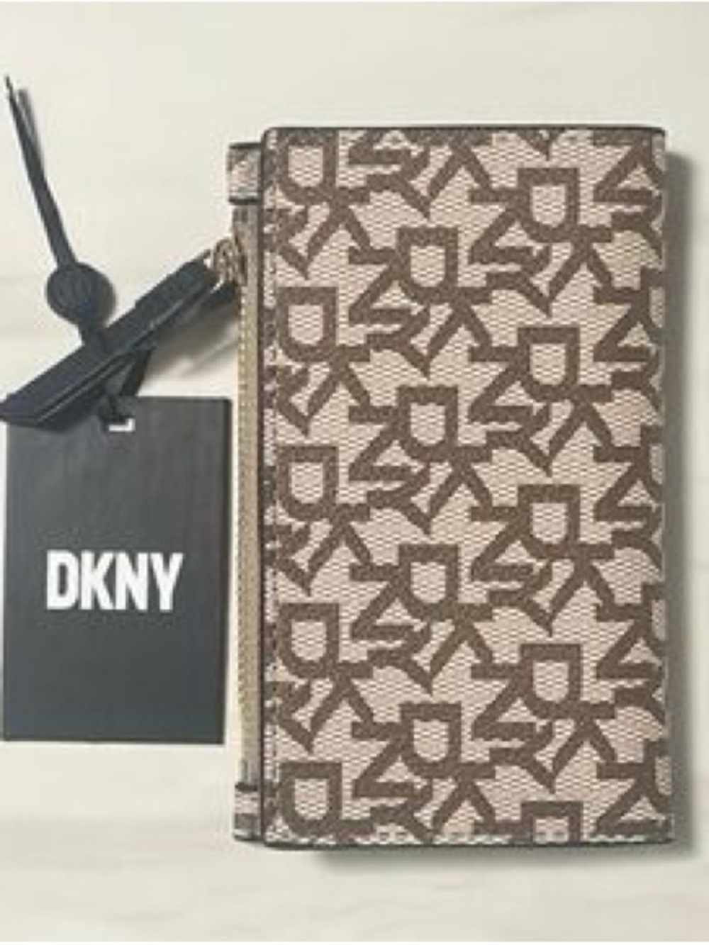 DKNY Brown Monogram Zip Card Holder